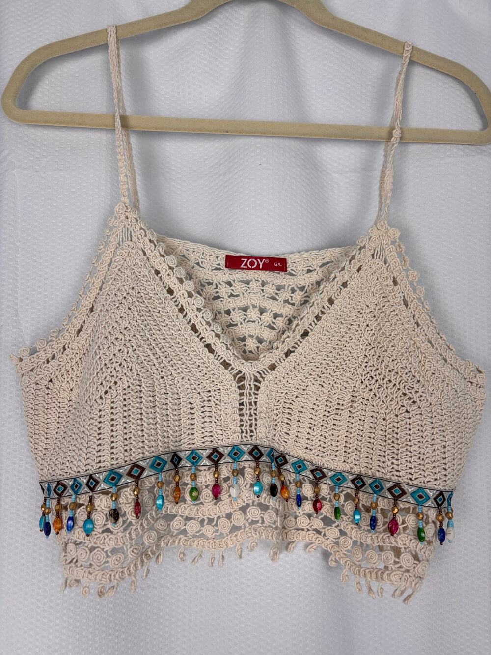 ZOY crochet cropped top with beads. Festival boho earthy size large